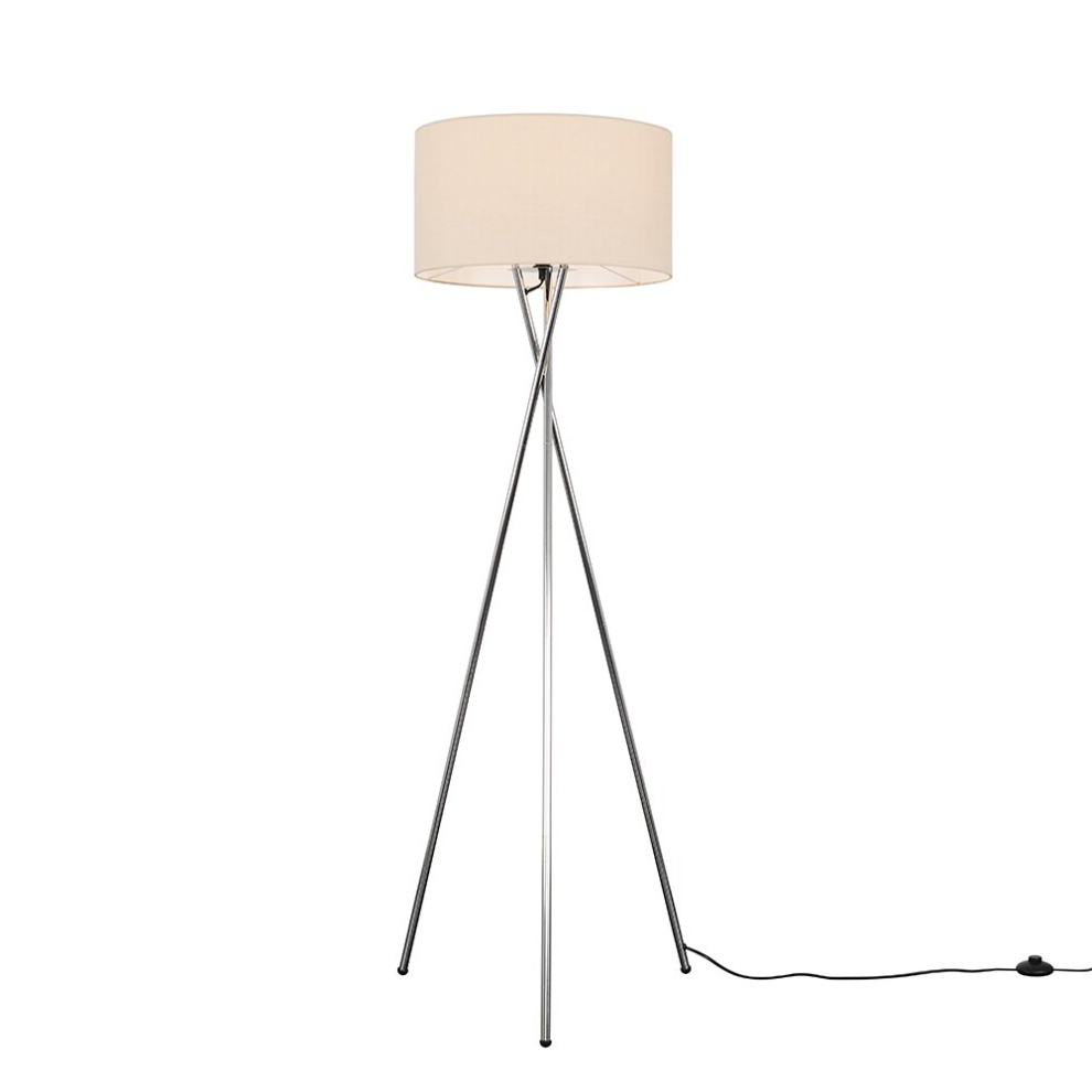 Modern Polished Chrome Metal Tripod Floor Lamp with a Beige Cylinder Shade - Complete with a 6w LED Bulb [3000K Warm White]