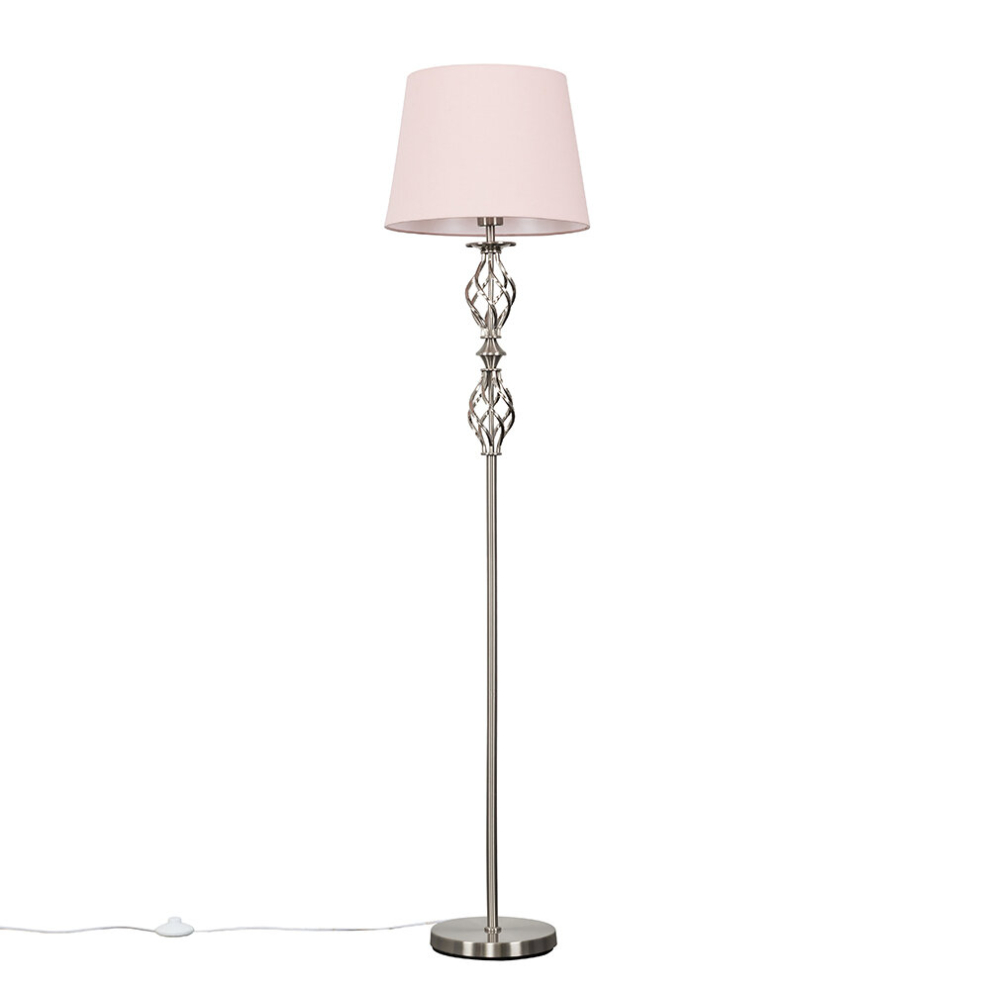 Traditional Style Brushed Chrome Double Twist Floor Lamp with a Pink Tapered Shade - Complete with a 6w LED Bulb [3000K Warm White]