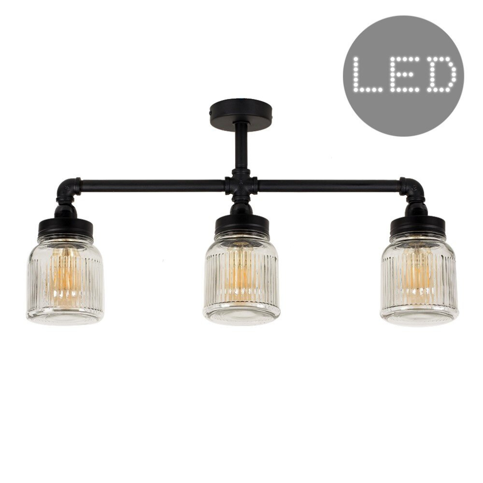Satin Black 3 Way Bar Pipework Ceiling Light with Clear Glass Ribbed Pattern Design Jar Shades - With 4w LED Filament Bulbs [2700K Warm White]