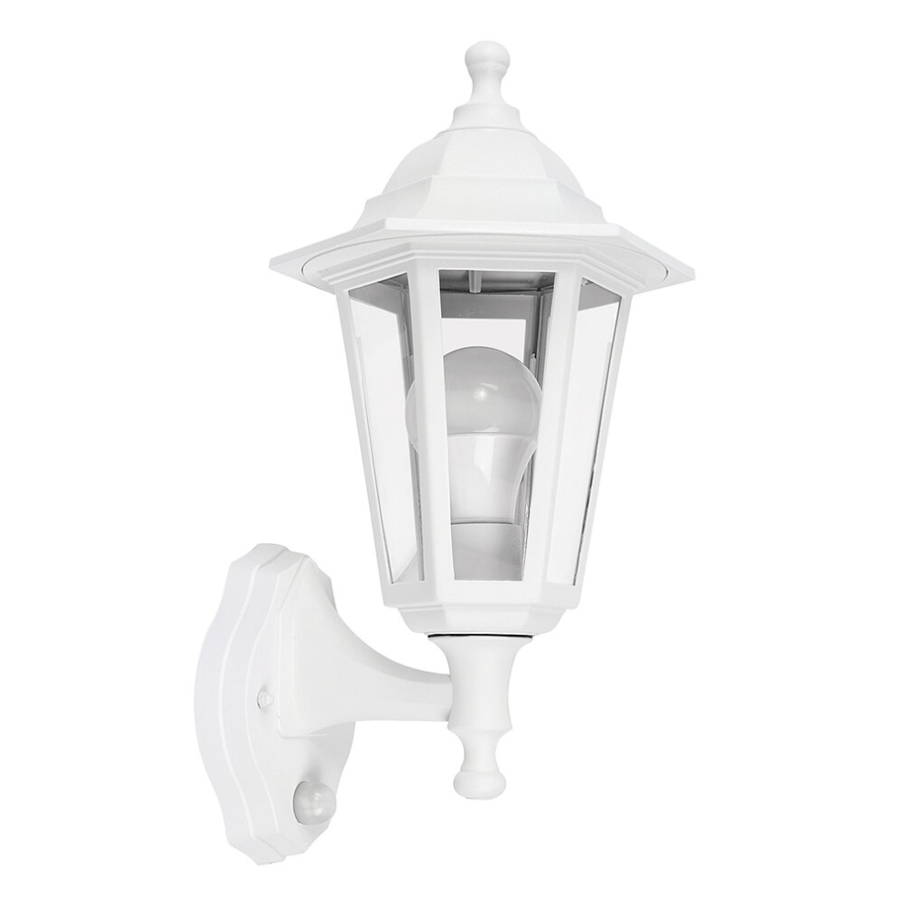 Victorian Matt White Outdoor Security IP44 Rated Wall Light Lantern - Featuring an PIR Motion Detector Sensor + 15w LED GLS Bulb 6500K Cool White