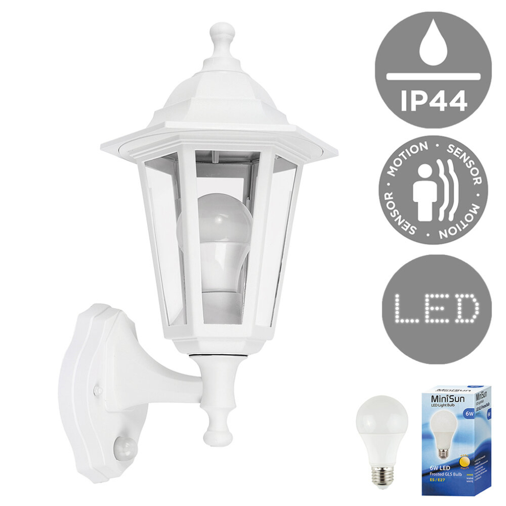 Victorian Matt White Outdoor Garden Security IP44 Rated Wall Light Lantern - Featuring an PIR Motion Detector Sensor + 1 x 6w LED ES E27 Bulb