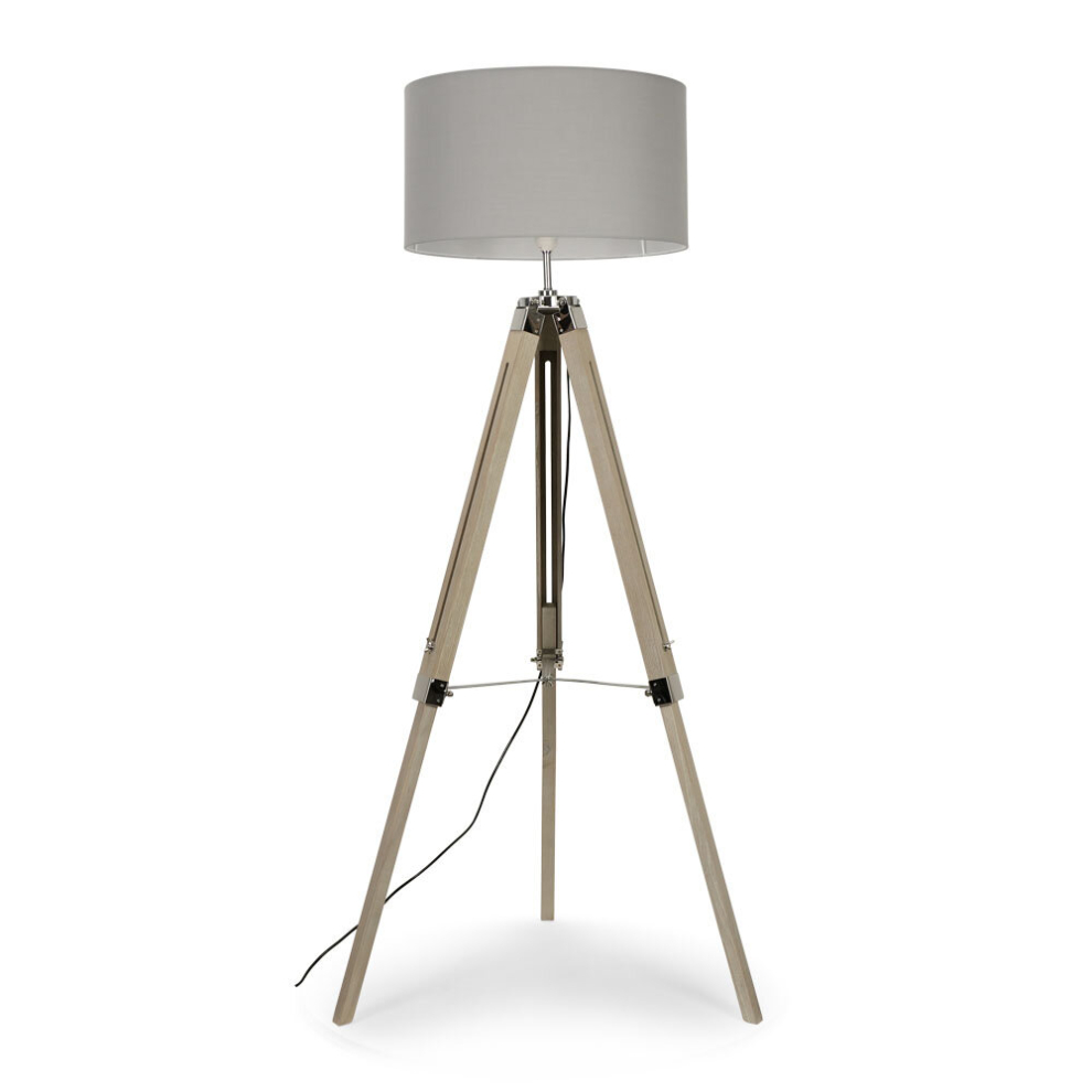 Modern Light Wood & Chrome Tripod Floor Lamp with a Grey Drum Shade - Complete with 6w LED Bulb [3000K Warm White]