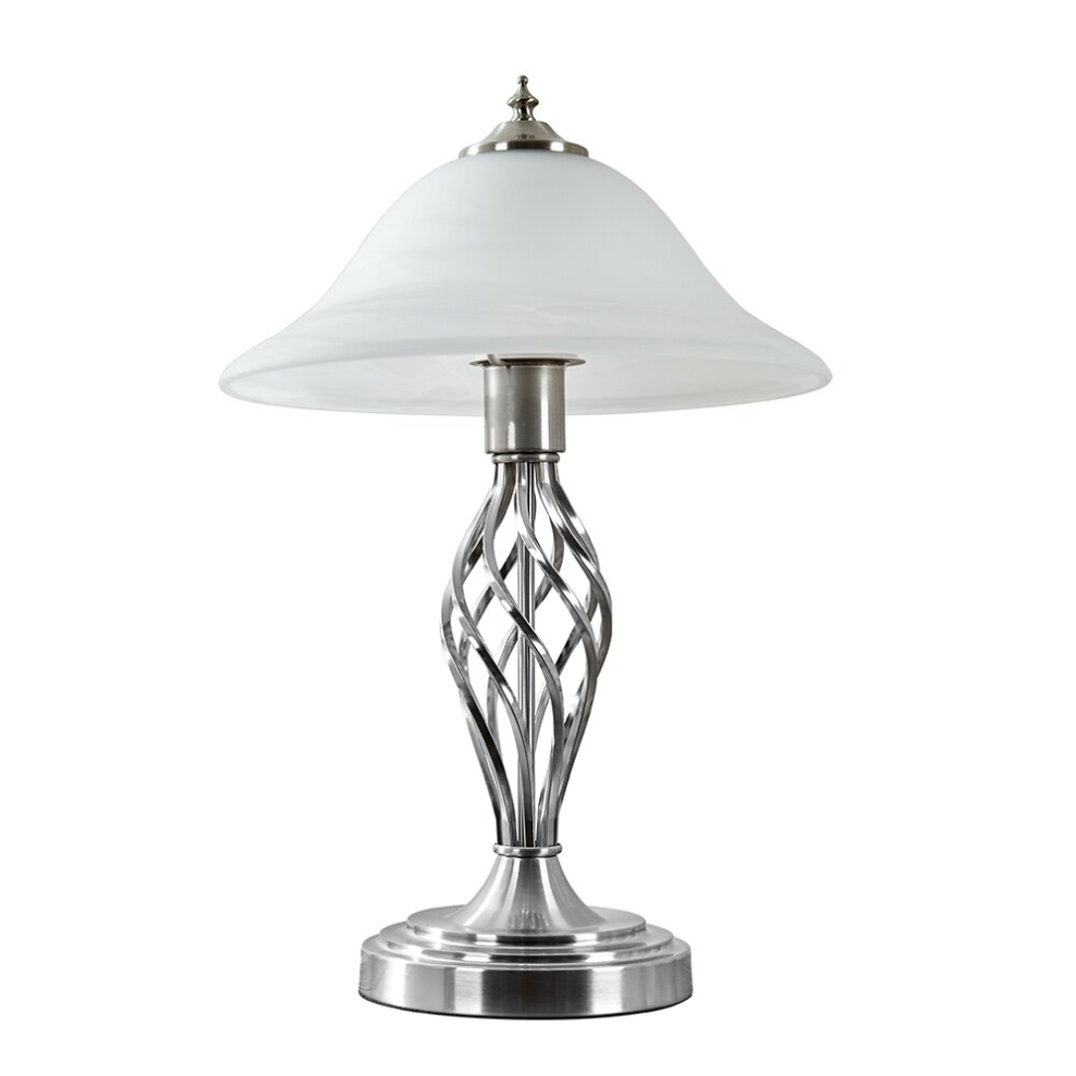 Traditional Style Satin Nickel Barley Twist Table Lamp with a Frosted Alabaster Shade - Complete with a 6w LED Bulb [3000K Warm White]