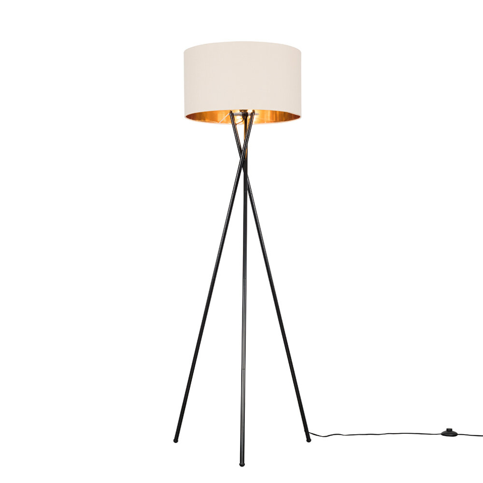 Modern Gloss Black Metal Tripod Floor Lamp with a Beige & Gold Cylinder Shade - Complete with a 6w LED Bulb [3000K Warm White]