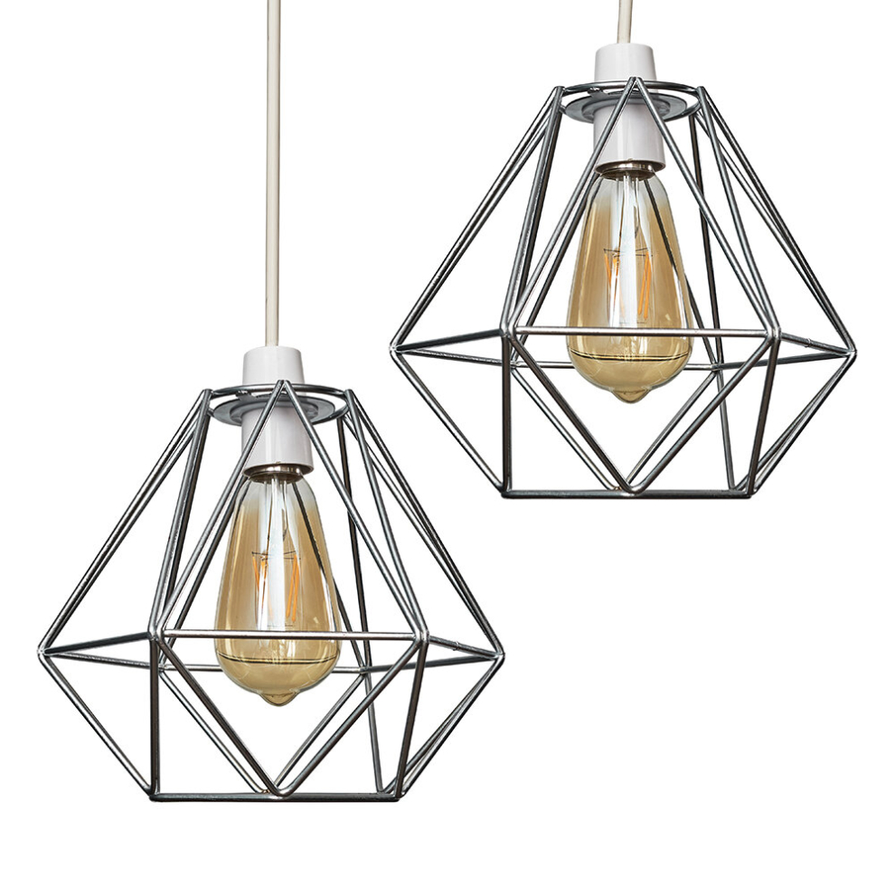 Pair of - Retro Style Chrome Metal Basket Cage Ceiling Pendant Light Shades - Complete with 4w LED Filament Bulbs [2700K Warm White]