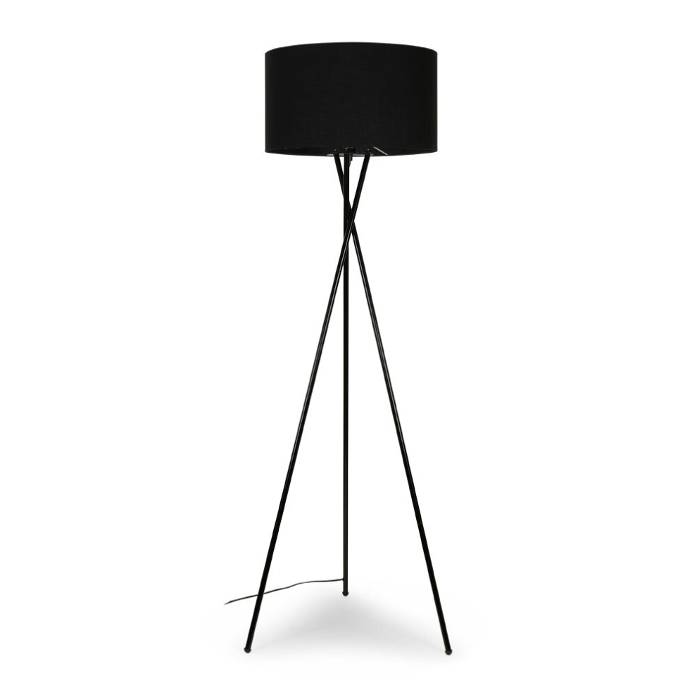 Modern Gloss Black Metal Tripod Floor Lamp with a Black Cylinder Shade - Complete with a 6w LED Bulb [3000K Warm White]