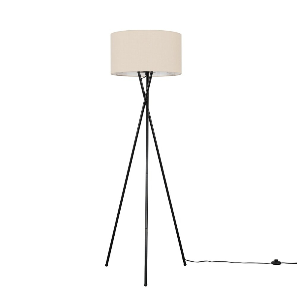 Modern Gloss Black Metal Tripod Floor Lamp with a Beige Cylinder Shade - Complete with a 6w LED Bulb [3000K Warm White]