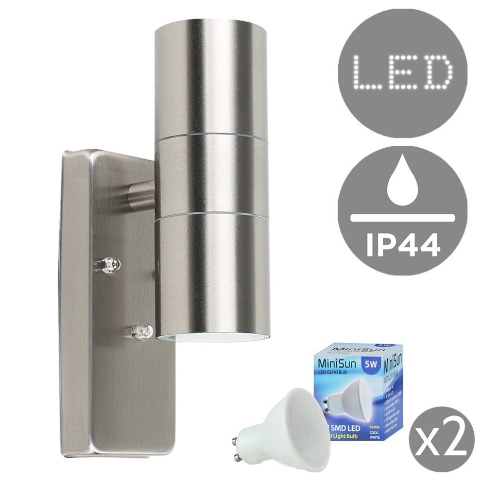 Modern Brushed Chrome IP44 Rated Up/Down Outdoor Security Wall Light - Complete with 2 x 5W GU10 Cool White LED Bulbs