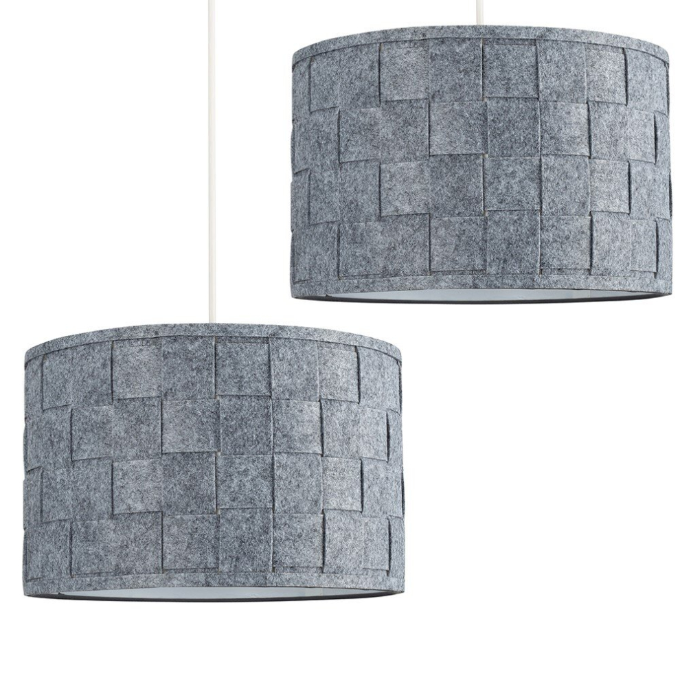 Pair of - Large Modern Weave Design Drum Ceiling Pendant Light Shades in a Grey Felt Finish - Complete with 10w LED GLS Bulbs [3000K Warm White]