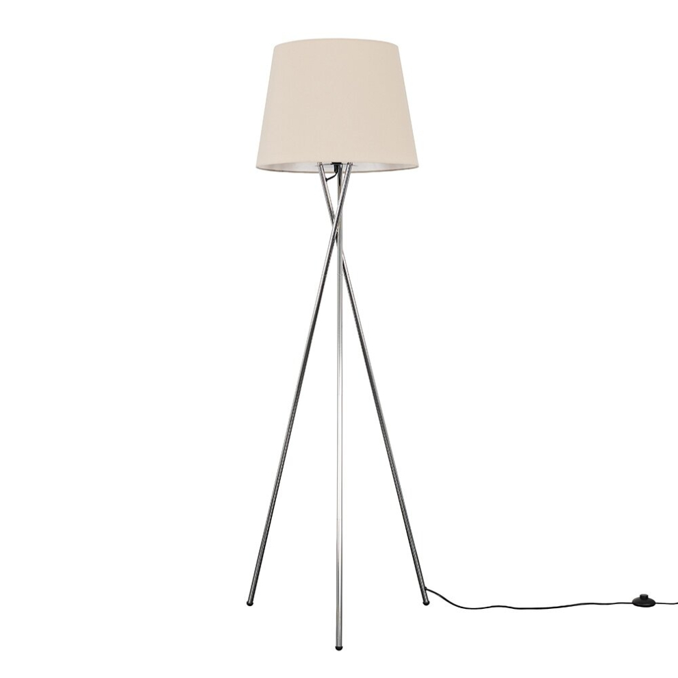 Modern Polished Chrome Metal Tripod Floor Lamp with a Beige Tapered Shade