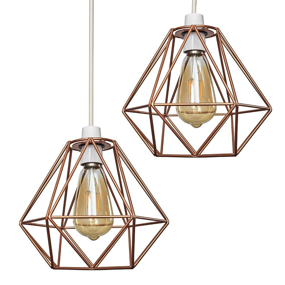 Pair of - Retro Style Copper Metal Basket Cage Ceiling Pendant Light Shades - Complete with 4w LED Filament Bulbs [2700K Warm White]