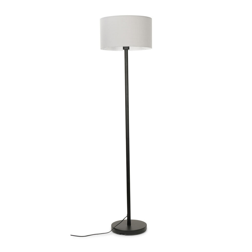 Modern Standard Floor Lamp in a Black Metal Finish with a Grey Drum Shade