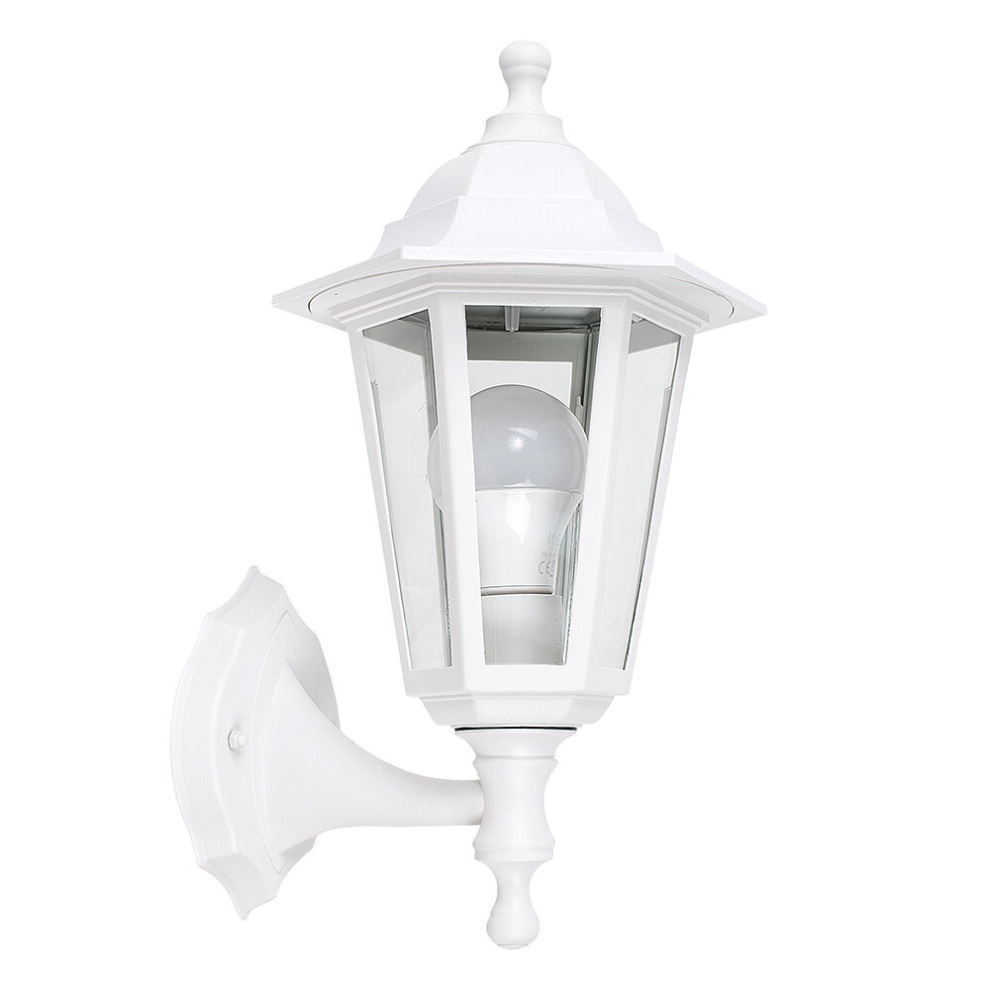 Traditional Style White Outdoor Security IP44 Rated Wall Light Lantern - Complete with a 15w LED GLS Bulb [6500K Cool White]