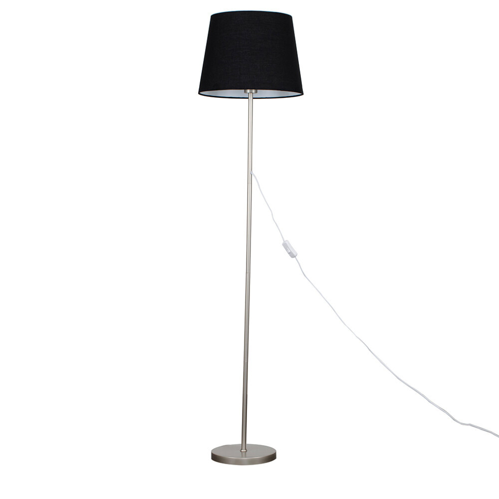 Modern Standard Floor Lamp in a Brushed Chrome Metal Finish with a Black Tapered Shade