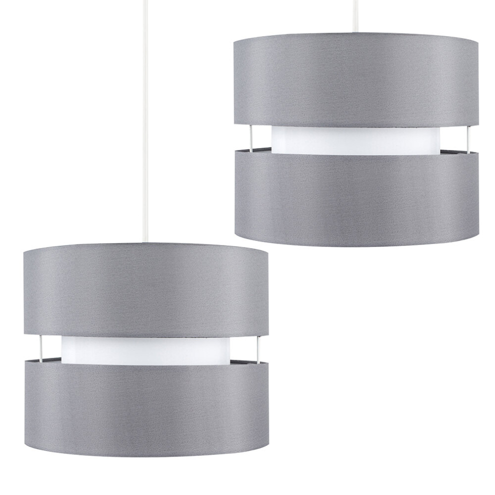 Pair of - Modern 2 Tier Cylinder Ceiling Pendant Light Shades in a Grey Finish - Complete with 10w LED GLS Bulbs [3000K Warm White]