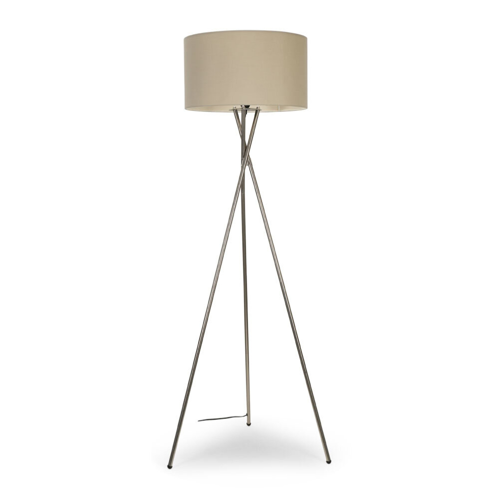 Modern Polished Chrome Metal Tripod Floor Lamp with a Dark Grey Cylinder Shade - Complete with a 6w LED Bulb [3000K Warm White]