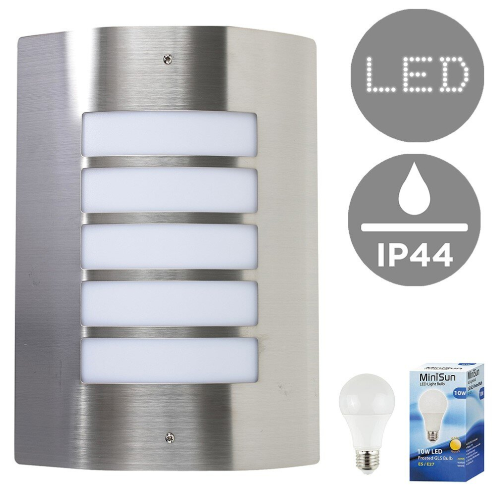 Stainless Steel and Frosted Opal Lens  IP44 Rated Outdoor Garden Wall Mounted Security Light - With a 10w LED GLS Bulb [3000K Warm White]