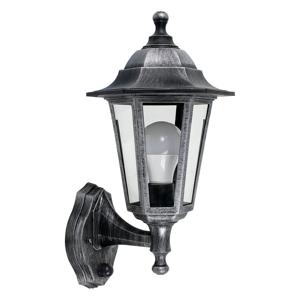 Victorian Brushed Silver & Black Outdoor Security IP44 Rated Wall Light Lantern with PIR Motion Detector Sensor + 15w LED Bulb 6500K Cool White