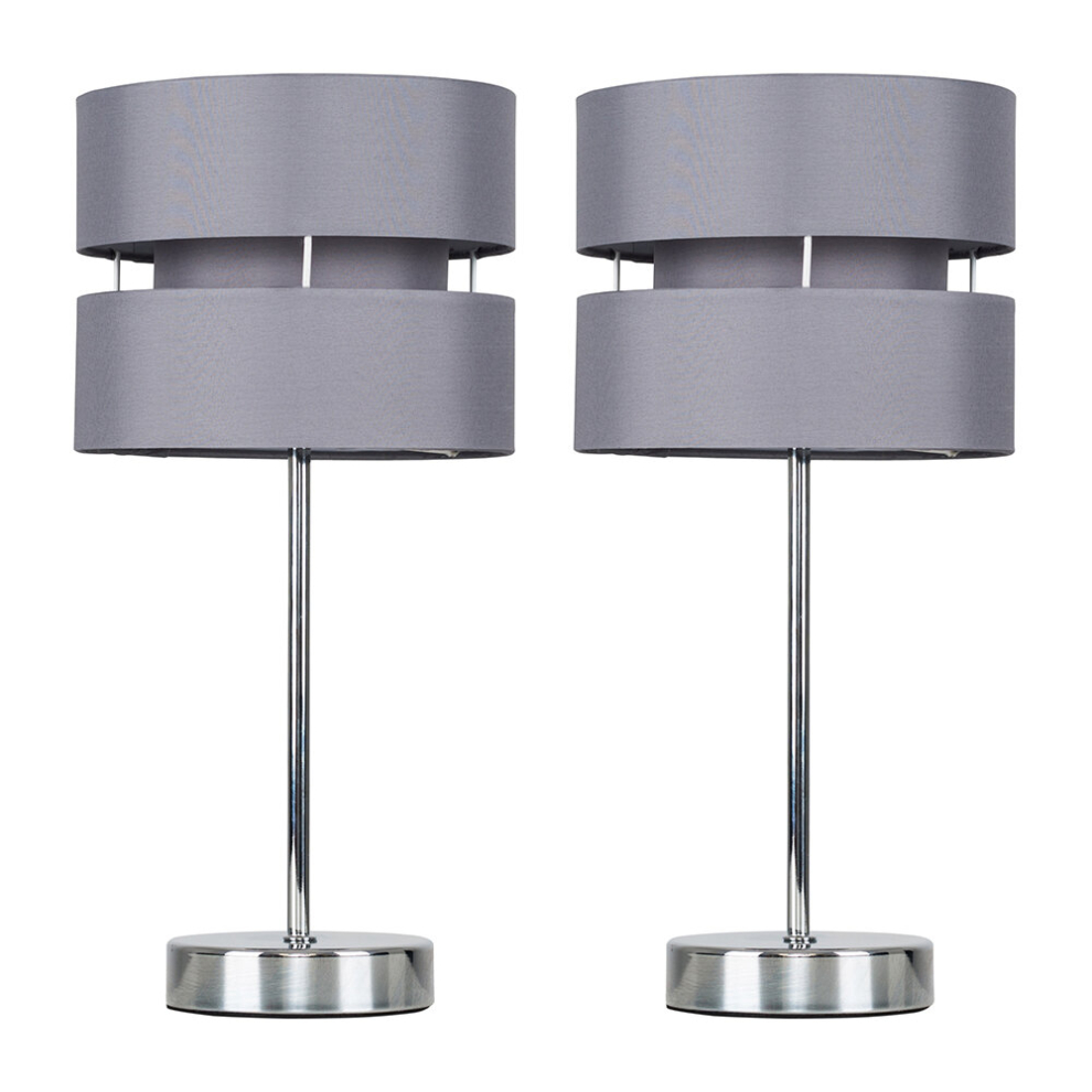 Pair of - Modern Silver Chrome Bedside Table Lamps with a Grey Shade - Complete with 4w LED Candle Bulbs [3000K Warm White]