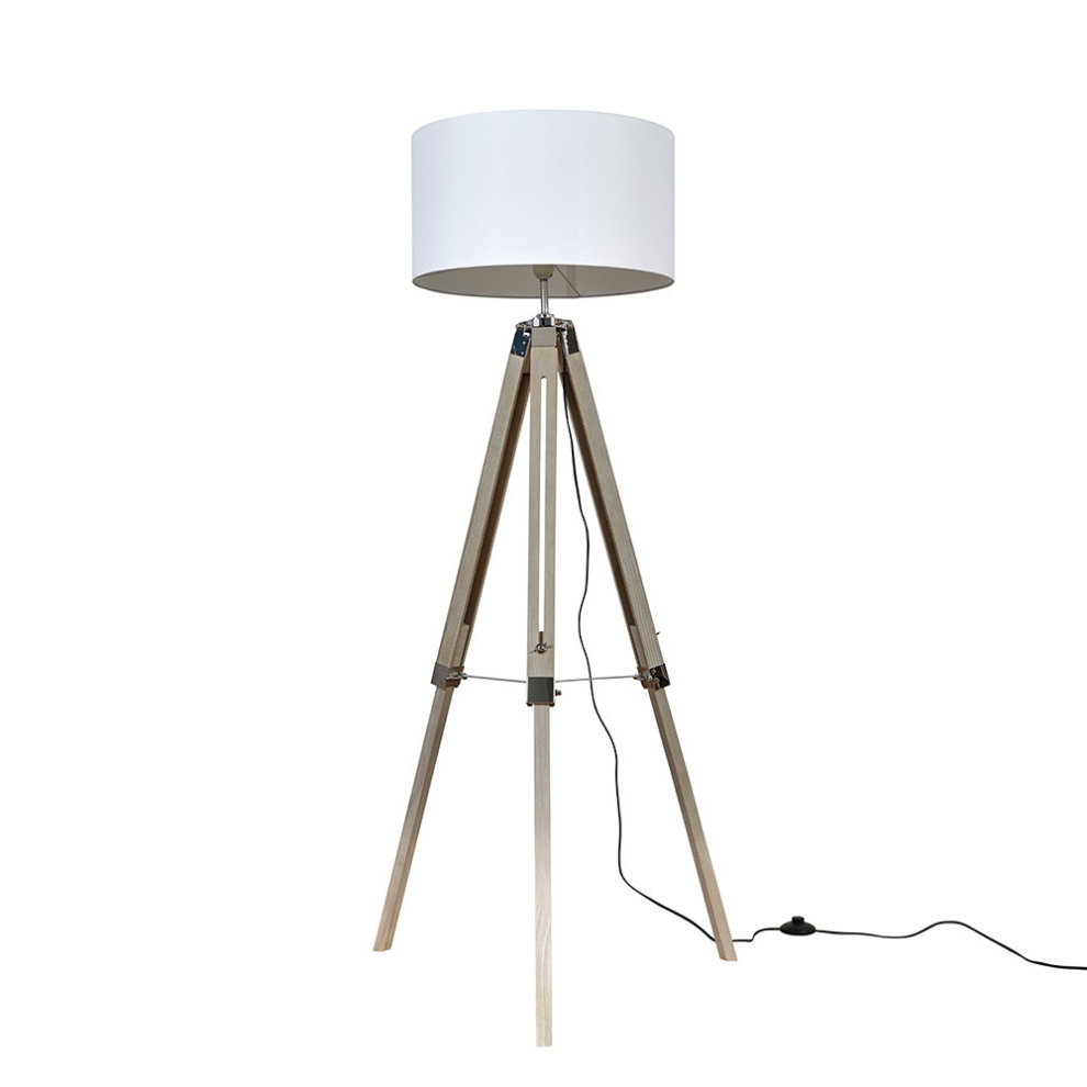 Modern Light Wood & Chrome Tripod Floor Lamp with a White Drum Shade - Complete with 6w LED ES E27 Thermo Plastic Frosted GLS Bulb [3000K Warm White]