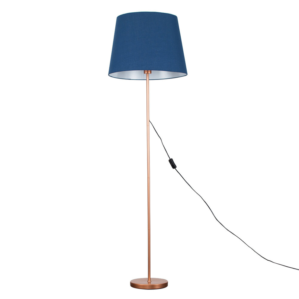 Modern Copper Metal Standard Floor Lamp with a Navy Blue Tapered Shade - Complete with a 6w LED Bulb [3000K Warm White]