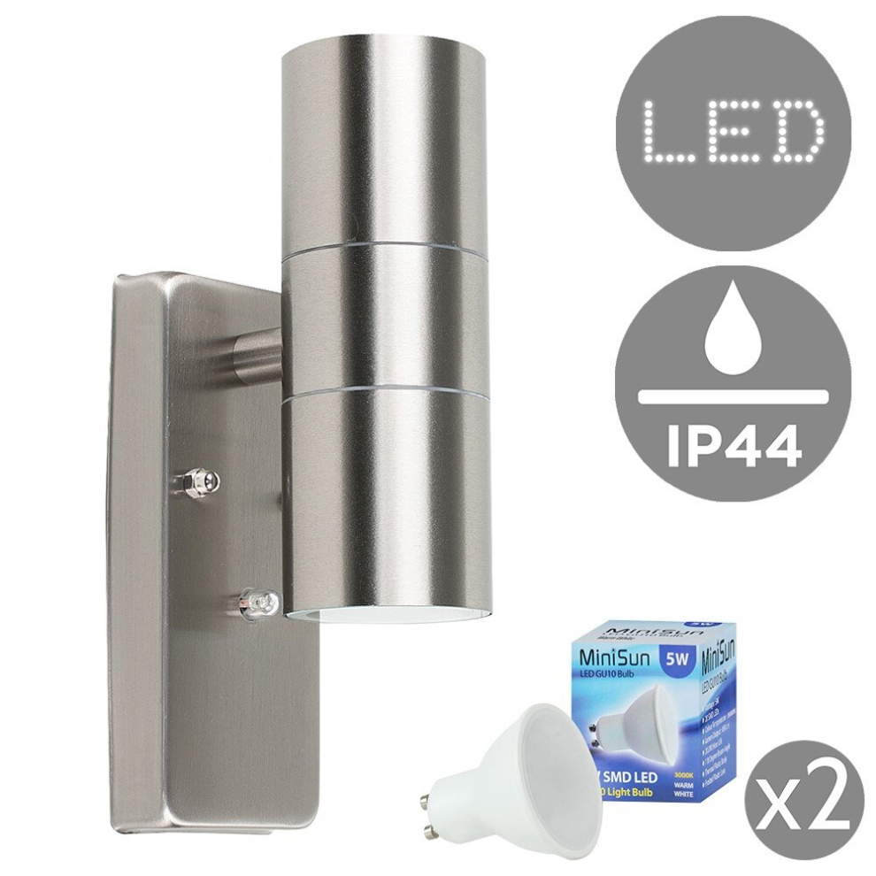 Modern Brushed Chrome IP44 Rated Up/Down Outdoor Security Wall Light - Complete with 2 x 5W GU10 Warm White LED Bulbs