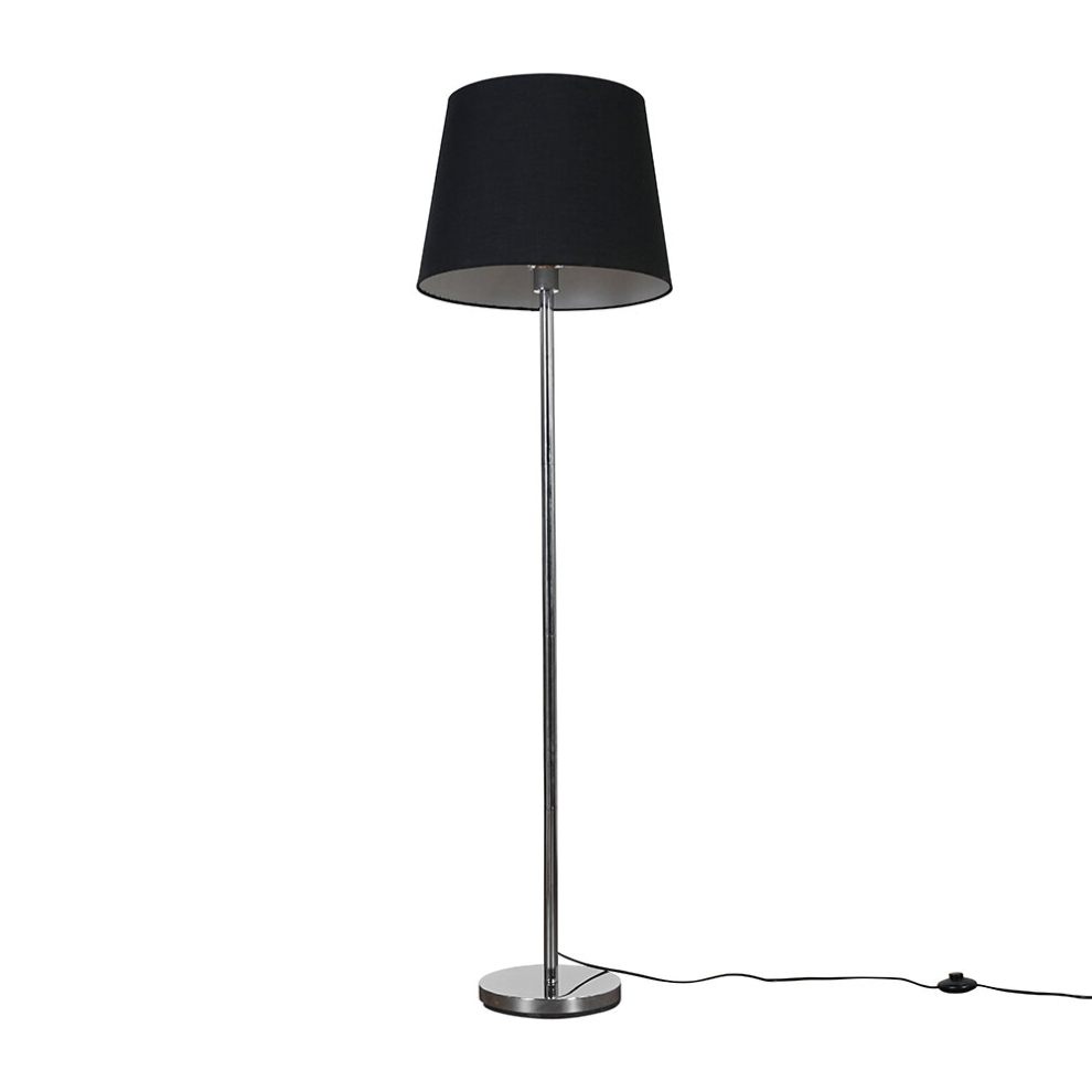 Modern Brushed Chrome Metal Standard Floor Lamp with a Black Tapered Shade