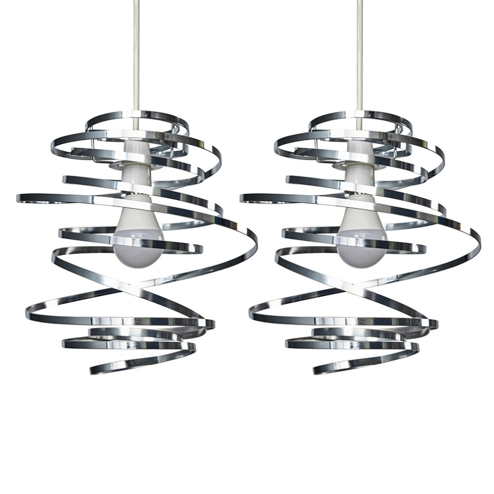 Pair of Contemporary Silver Chrome Metal Double Ribbon Spiral Swirl Ceiling Light Shades - Complete with 10w LED GLS Bulbs [3000K Warm White]