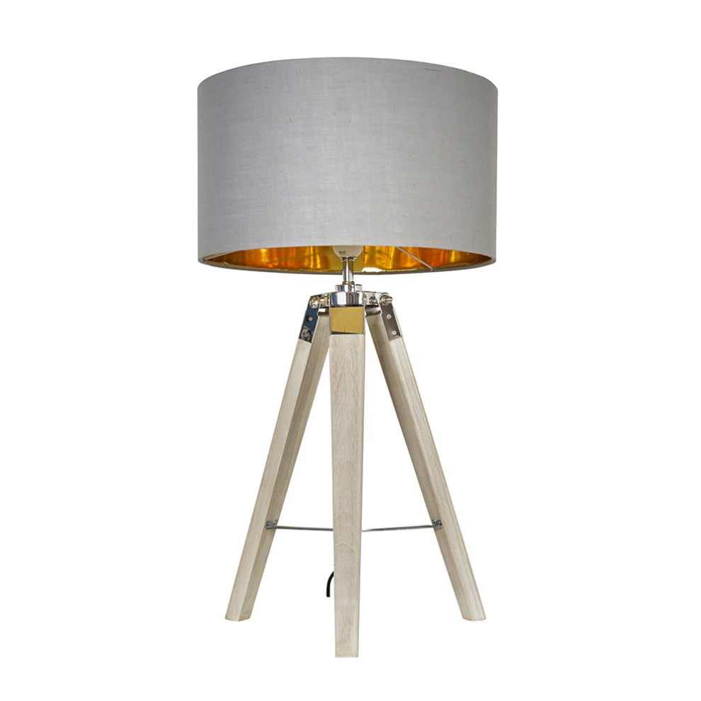 Modern Light Wood & Chrome Tripod Table Lamp with a Warm Grey/Gold Drum Shade - With 6w LED ES E27 Thermo Plastic Frosted GLS Bulb [3000K Warm White]