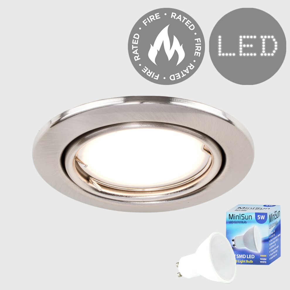 Fire Rated Brushed Chrome Tiltable GU10 Recessed Ceiling Downlight - Complete with a 5w LED Bulb [3000K Warm White]