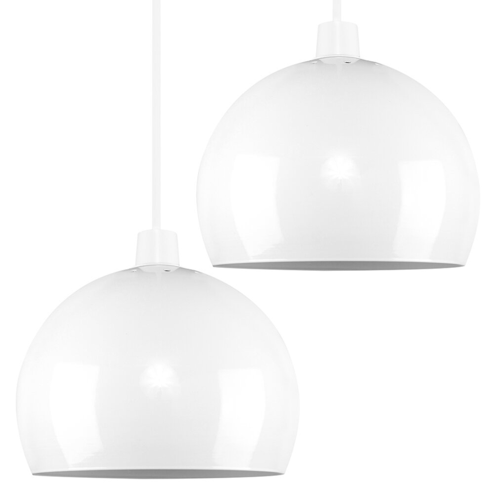 Pair of Mini Retro Gloss White Arco Style Dome Ceiling Pendant Light Shades - Complete with 10w LED GLS Bulbs [3000K Warm White]