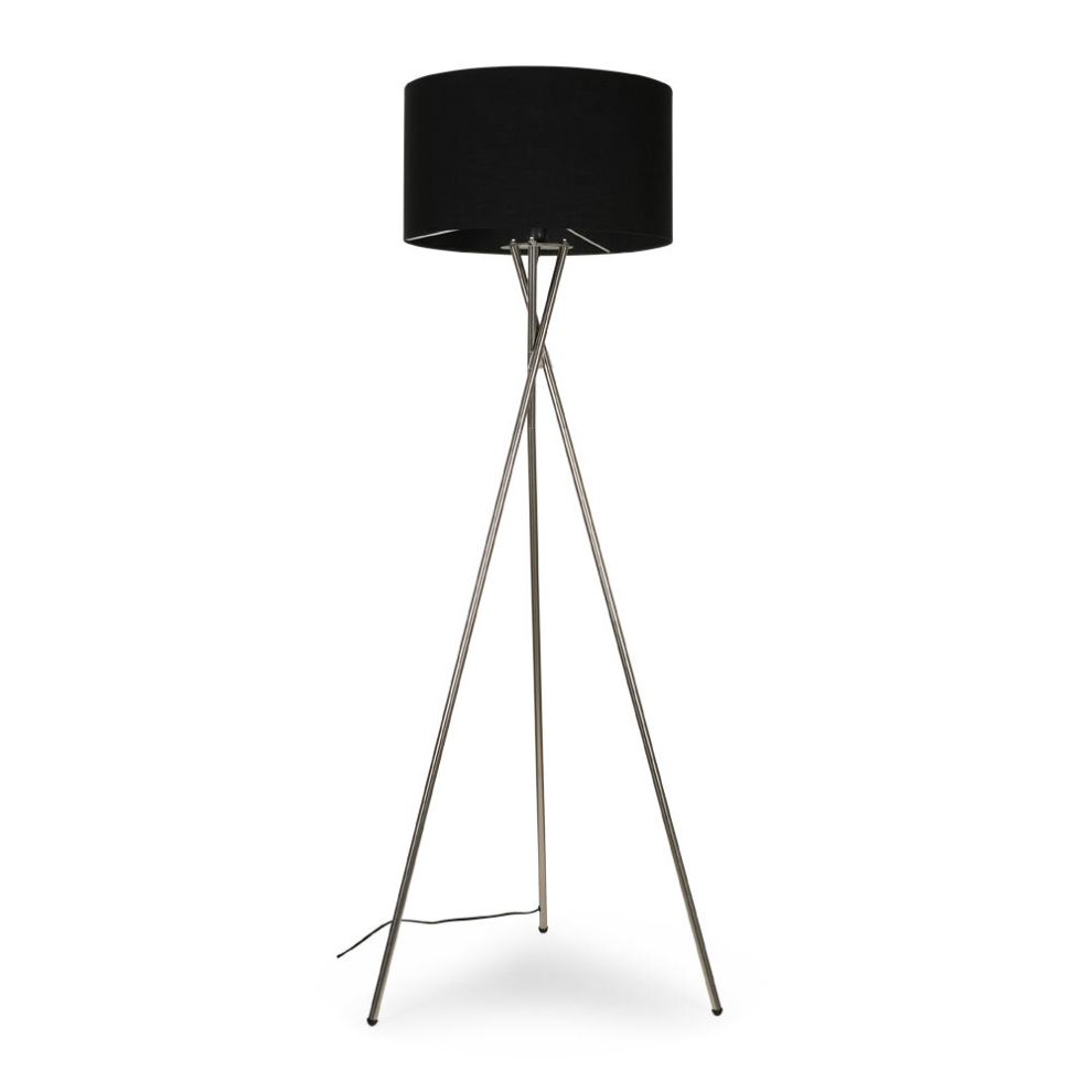 Modern Polished Chrome Metal Tripod Floor Lamp with a Black Lamp Drum Light Shade - Complete with a 6w LED GLS Bulb [3000K Warm White]