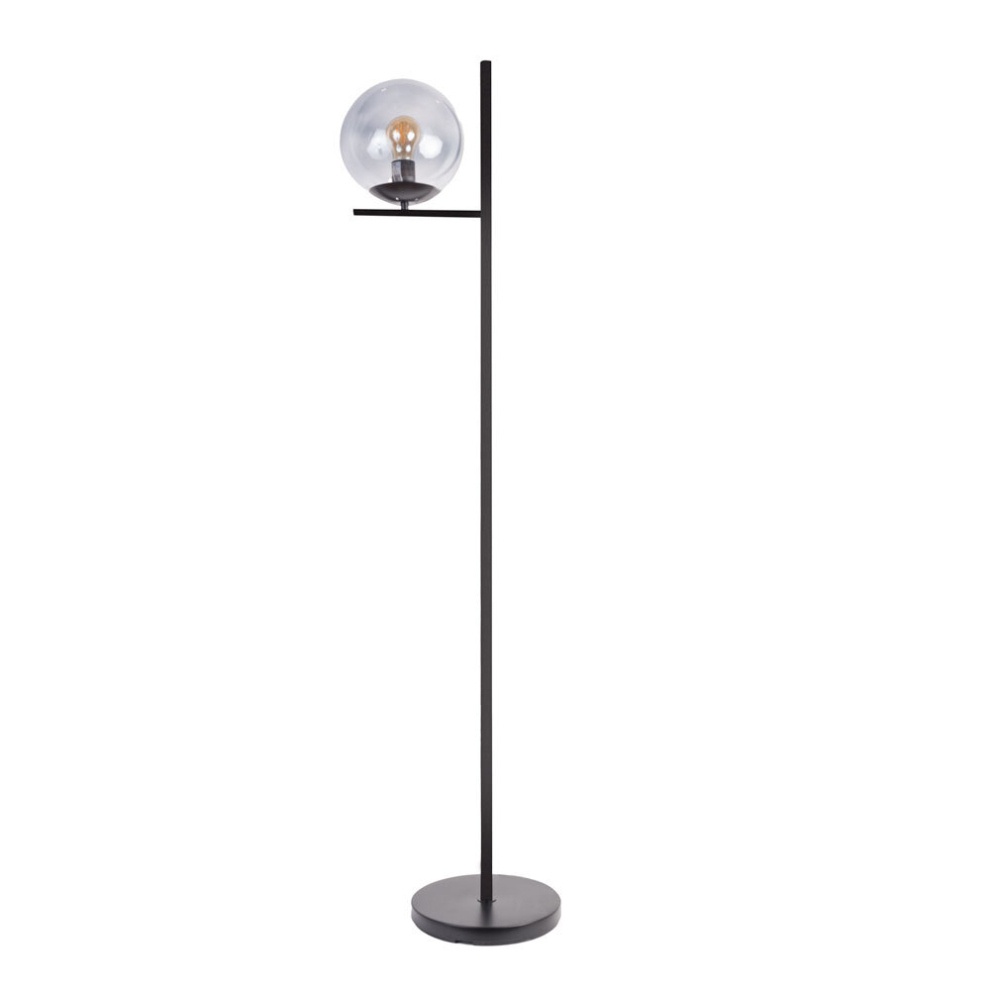 Industrial Style Matt Black Metal Standing Floor Lamp with a Smoked Glass Globe Shade