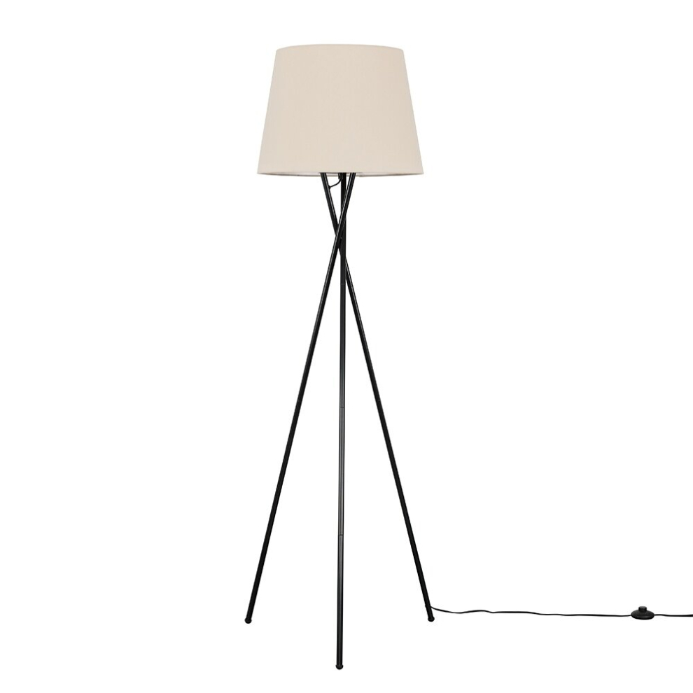 Modern Gloss Black Metal Tripod Floor Lamp with a Beige Tapered Shade