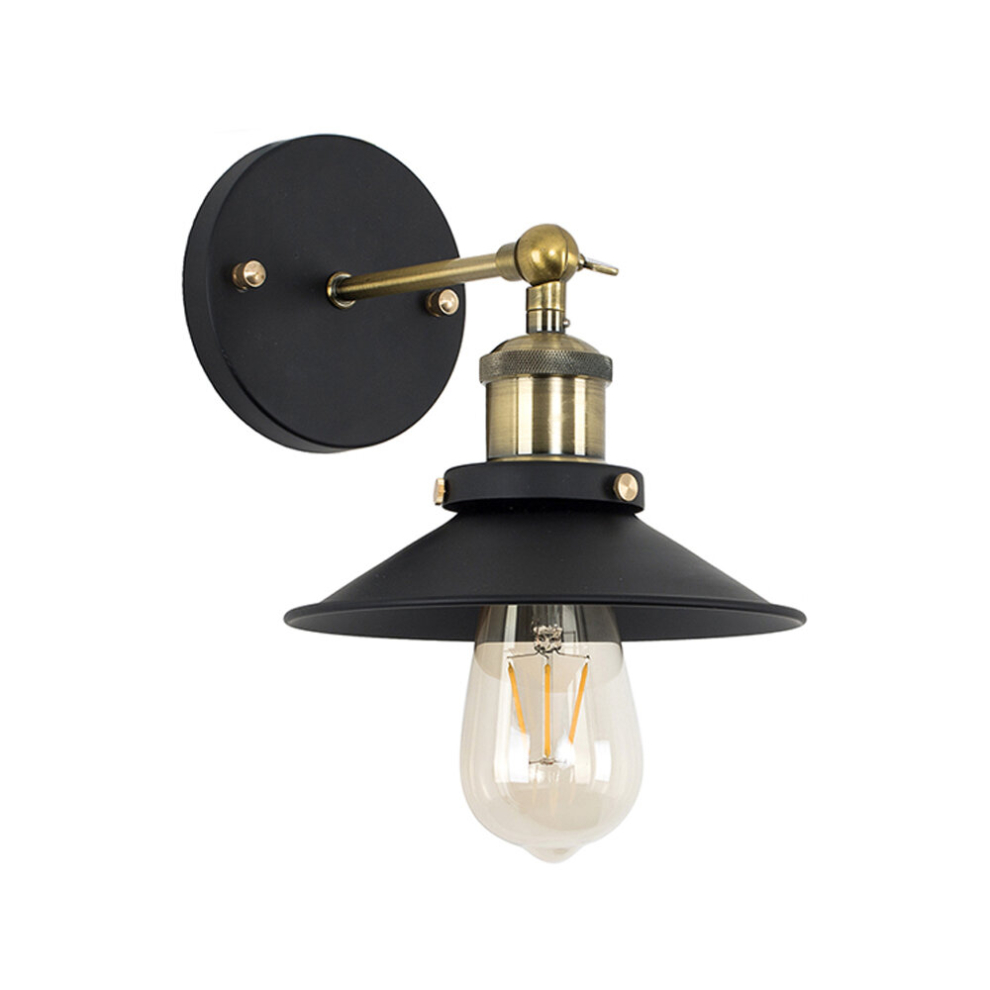 Pair Industrial Black Brass Wall Lights Tapered Shades 4w Bulbs