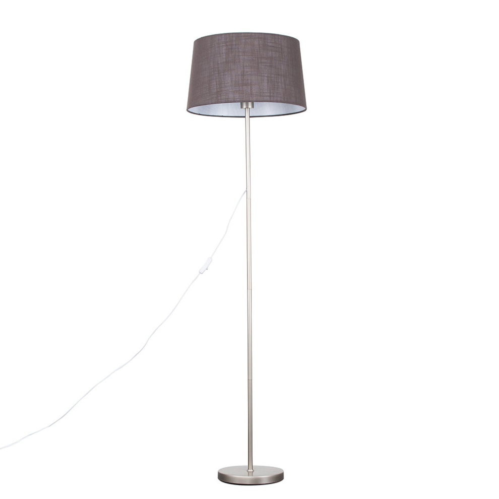 Modern Standard Floor Lamp in a Brushed Chrome Metal Finish with a Dark Grey Faux Linen Tapered Shade - With a 6w LED GLS Bulb [3000K Warm White]