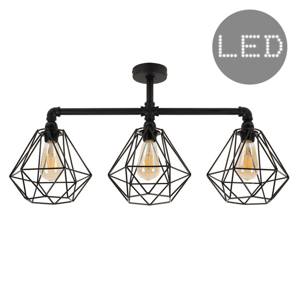 Industrial Satin Black 3 Way Bar Pipework Ceiling Light with Basket Cage Design Black Metal Shades - With 4w LED Filament Bulbs [2700K Warm White]