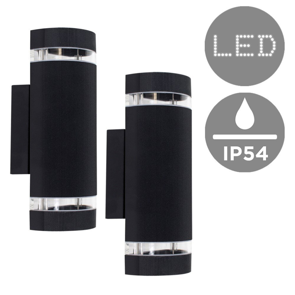 Pair of Modern Aluminium Curved Outdoor IP54 Rated Black Ribbed Contrasting Glass Shade Wall Light Fittings