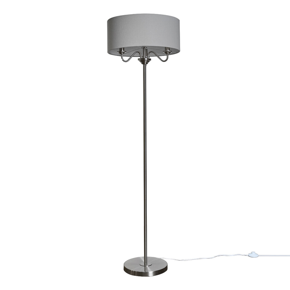 Modern Brushed Chrome 3 Way Multi Arm Floor Lamp with a Grey Linen Slimline Drum Shade - Complete with 4w LED Candle Bulbs [3000K Warm White]