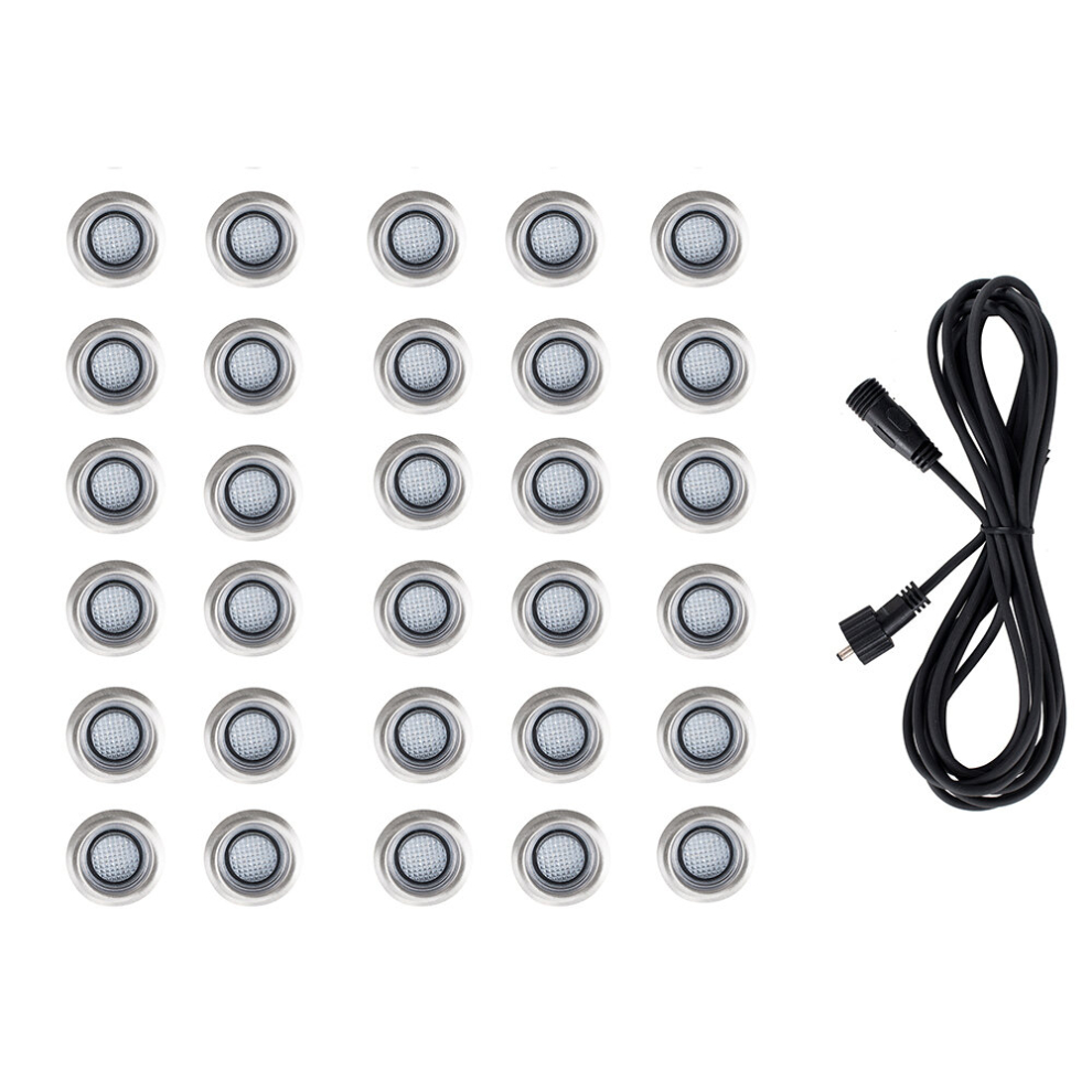 Pack of 30 40mm White LED Round IP67 Rated Garden Decking/Kitchen Plinth Lights Kit - Complete with a 3M Extension Cable