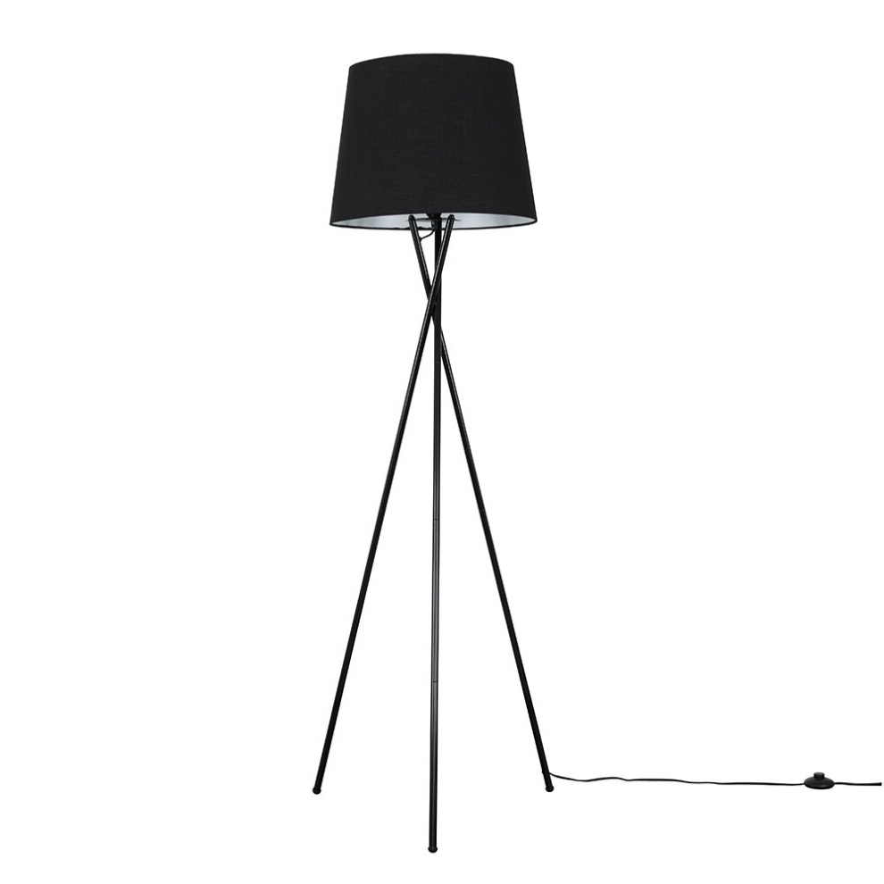 Modern Gloss Black Metal Tripod Floor Lamp with a Black Tapered Shade - Complete with a 6w LED Bulb [3000K Warm White]