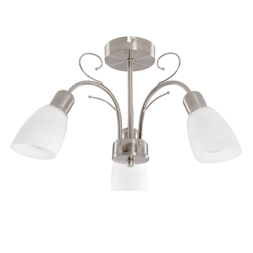 Modern 3 Way Silver Brushed Chrome Ceiling Light Fitting with White Frosted Glass Shades - Complete with 4w LED Golfball Bulbs [3000K Warm White]