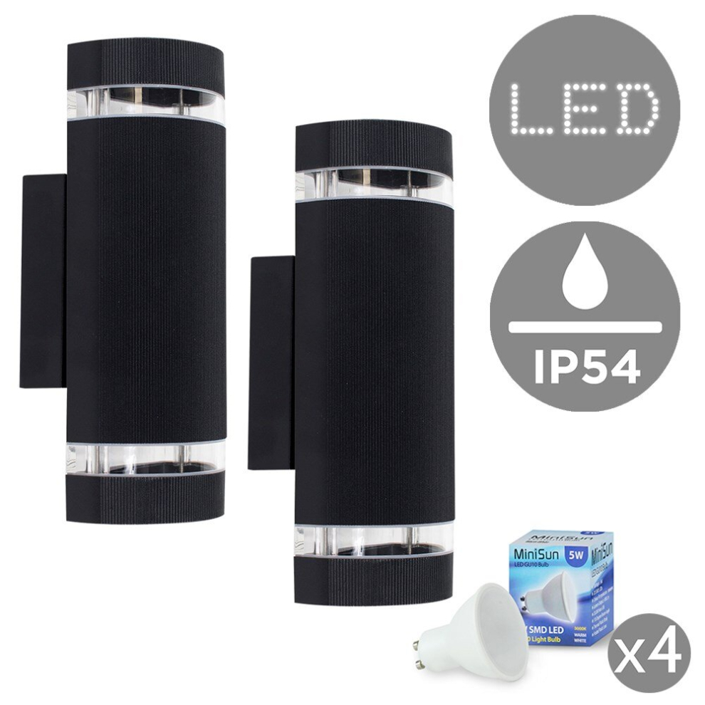 Pair of Aluminium  Outdoor IP54 Rated Black Ribbed Contrasting Glass Shade Wall Light Fittings - With 5w GU10 LED Bulb [3000K Warm White]