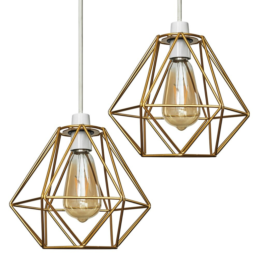 Pair of - Retro Style Gold Metal Basket Cage Ceiling Pendant Light Shades - Complete with 4w LED Filament Bulbs [2700K Warm White]