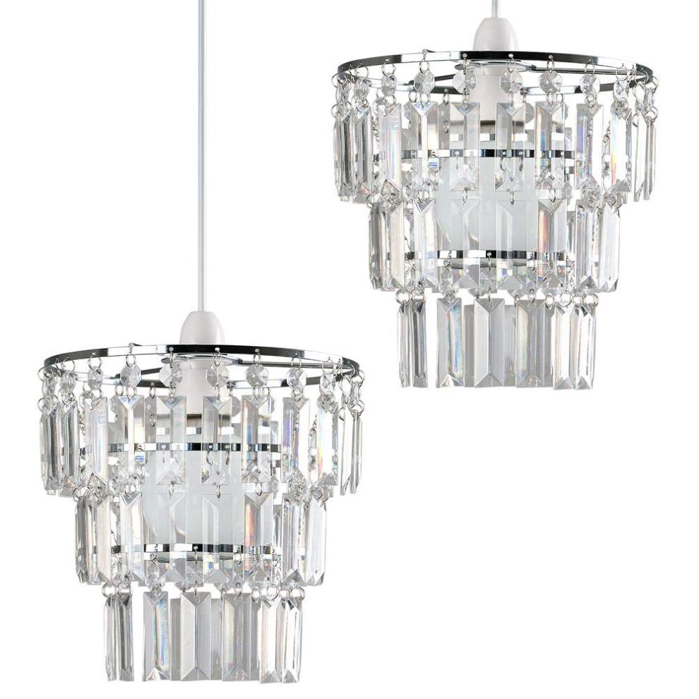 Pair of - Modern 3 Tier Ceiling Pendant Light Shades with Clear Acrylic Jewel Effect Droplets - Complete with 10w LED GLS Bulbs [3000K Warm White]