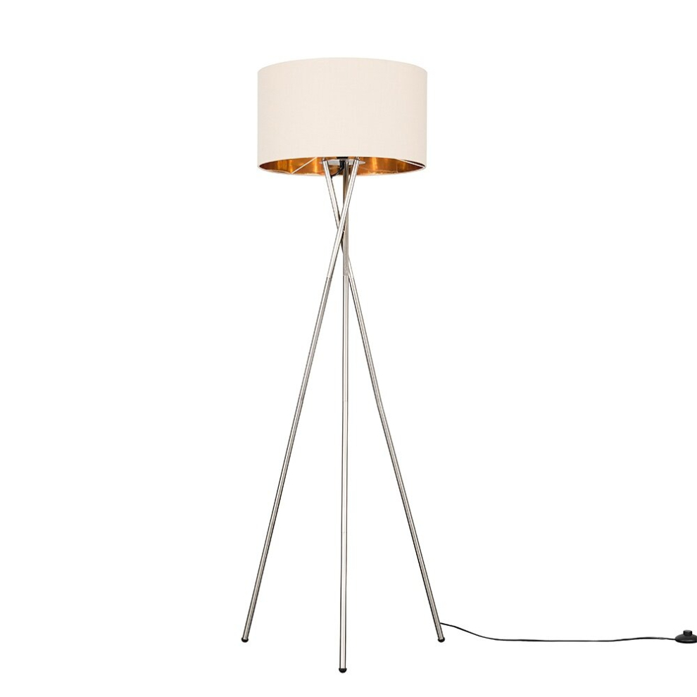 Modern Brushed Chrome Metal Tripod Floor Lamp with a Beige & Gold Cylinder Shade - Complete with a 6w LED Bulb [3000K Warm White]