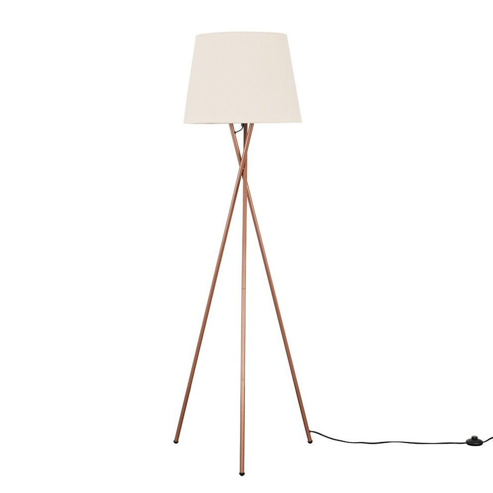 Modern Copper Metal Tripod Floor Lamp with a Beige Tapered Shade - Complete with a 6w LED Bulb [3000K Warm White]