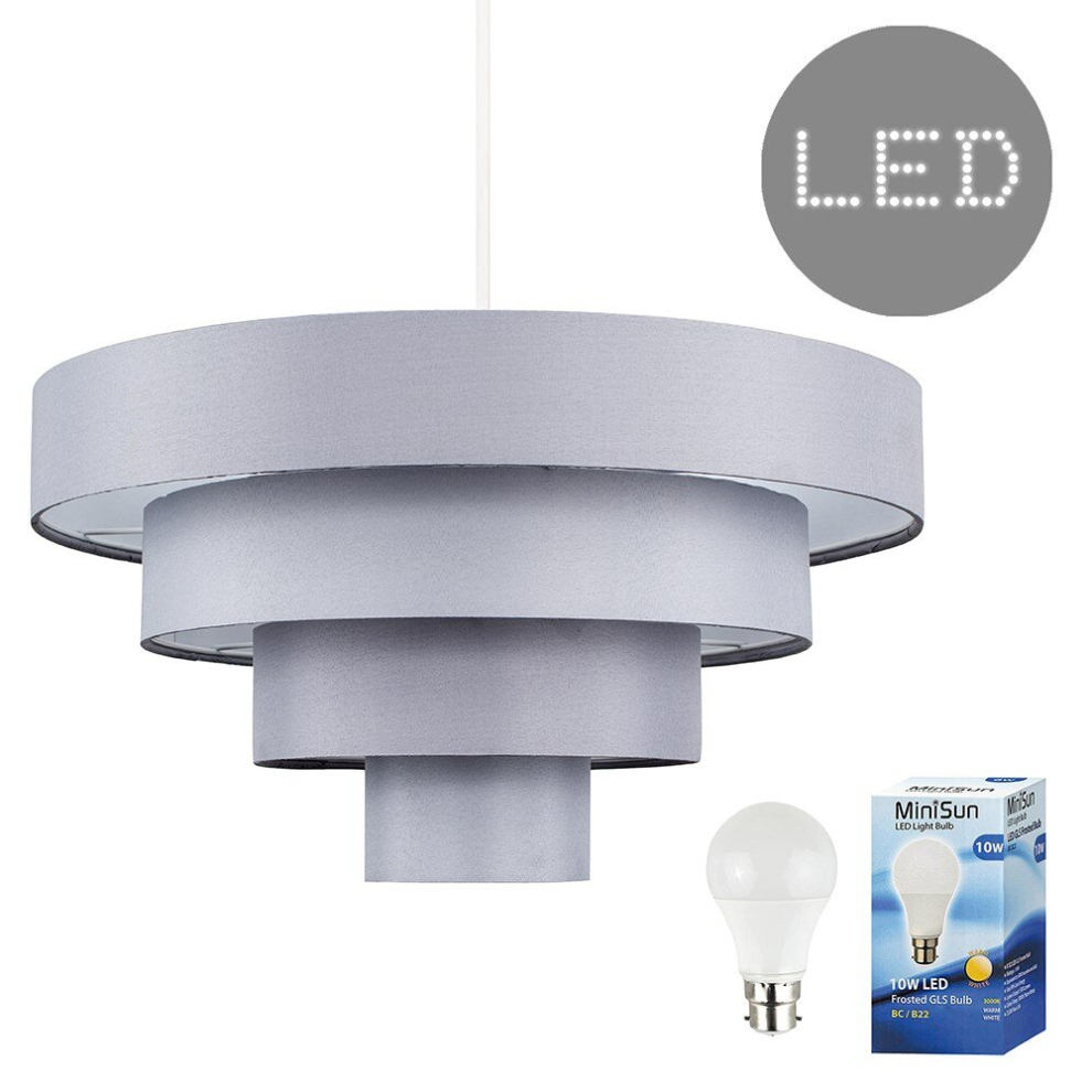 Modern 4 Tier Grey Fabric Ceiling Pendant Light Shade - Complete with a 10w LED GLS Bulb [3000K Warm White]