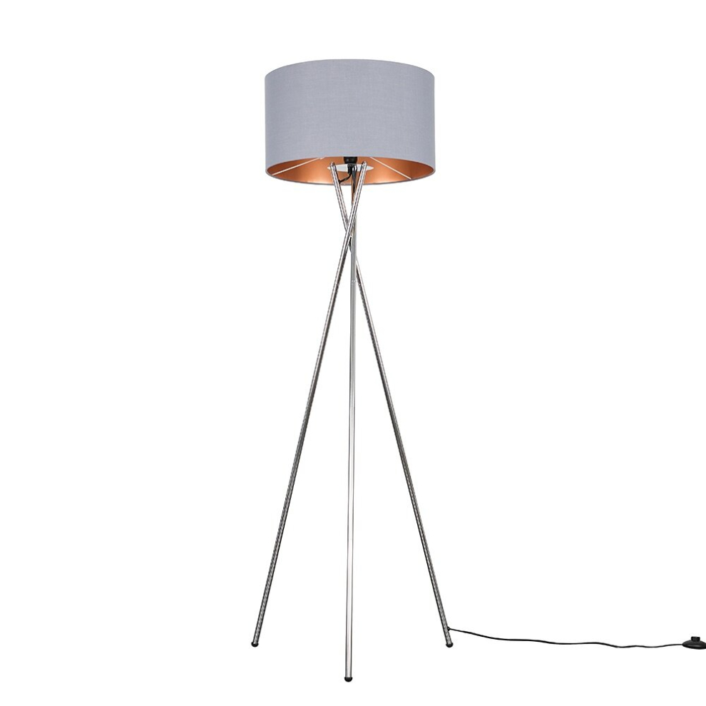 Modern Polished Chrome Metal Tripod Floor Lamp with a Grey & Copper Cylinder Shade - Complete with a 6w LED Bulb [3000K Warm White]