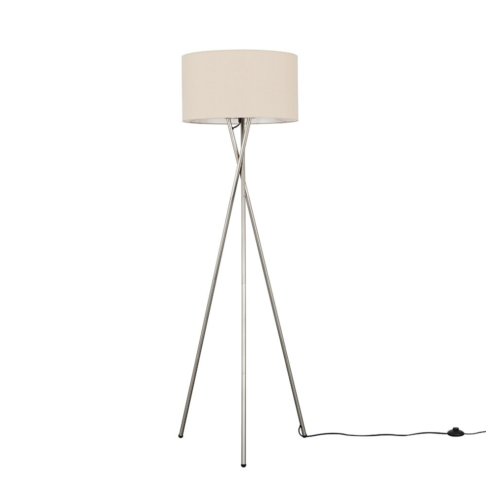 Modern Brushed Chrome Metal Tripod Floor Lamp with a Beige Cylinder Shade - Complete with a 6w LED Bulb [3000K Warm White]